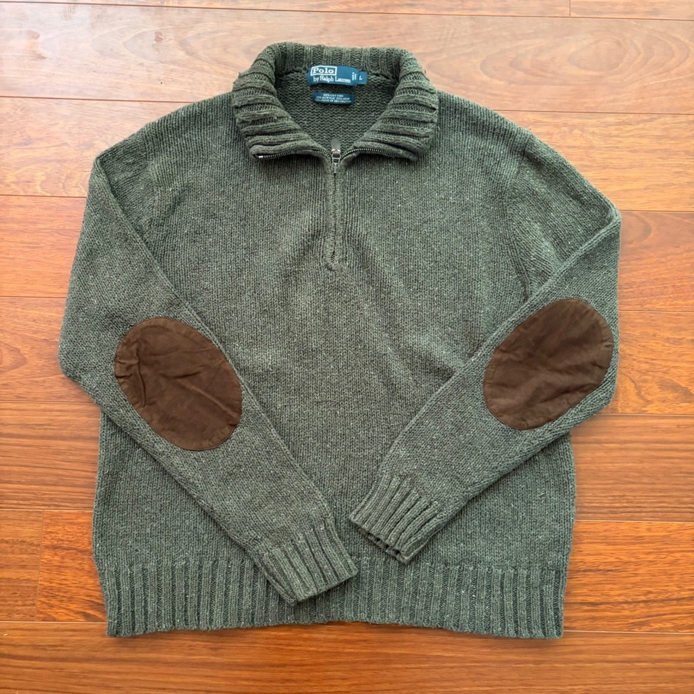 Polo Ralph Lauren Mens Quarter Zip Sweater Large Green Elbow Patches Cotton Hemp